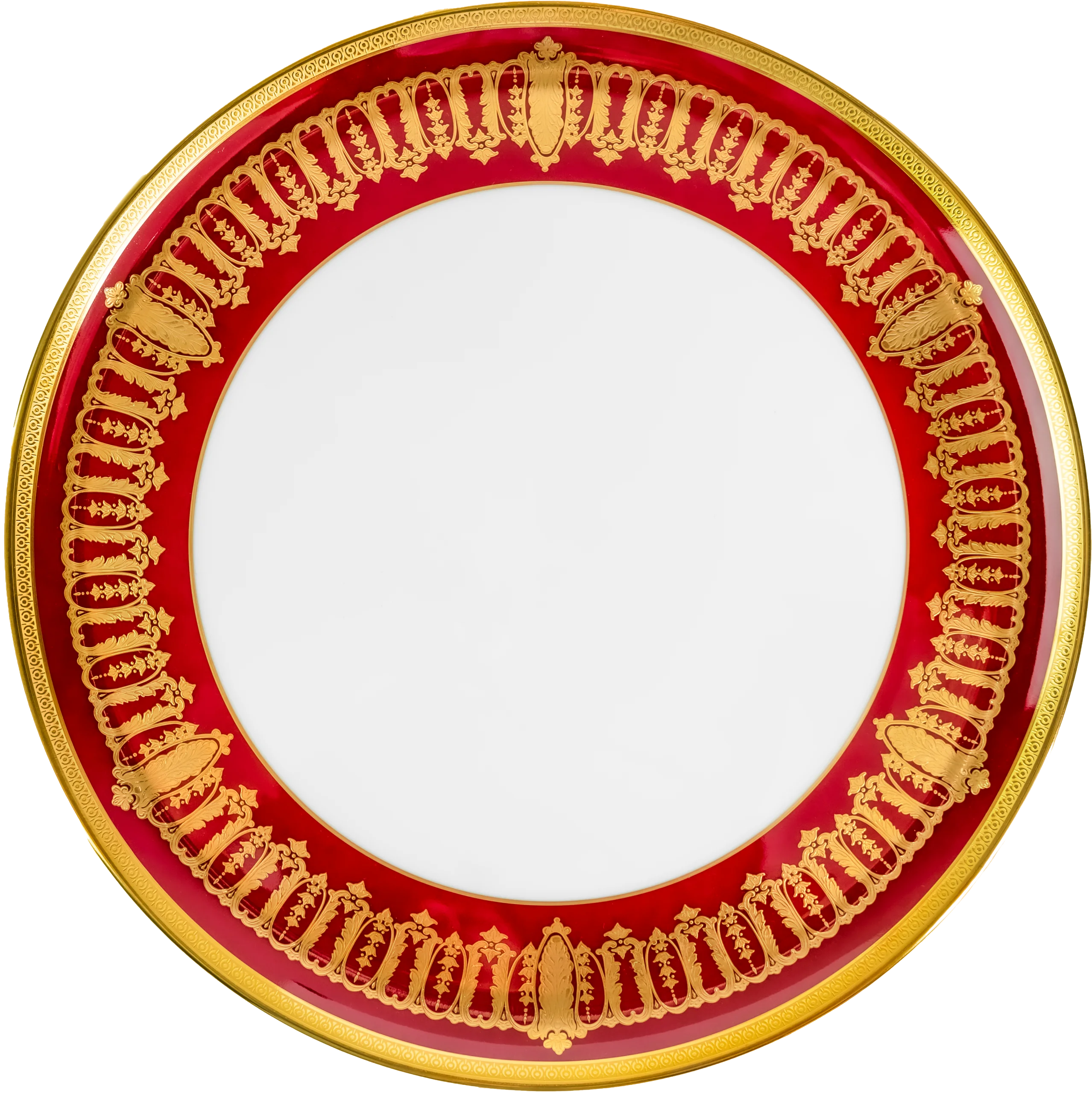 Packshot porcelaine luxe Haviland Limoges — assiette rouge et or, photographe produit Julien Tuyeras